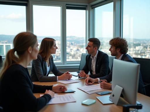 Alpine Route Solutions AG team collaborating in their modern Bern office environment with panoramic city views